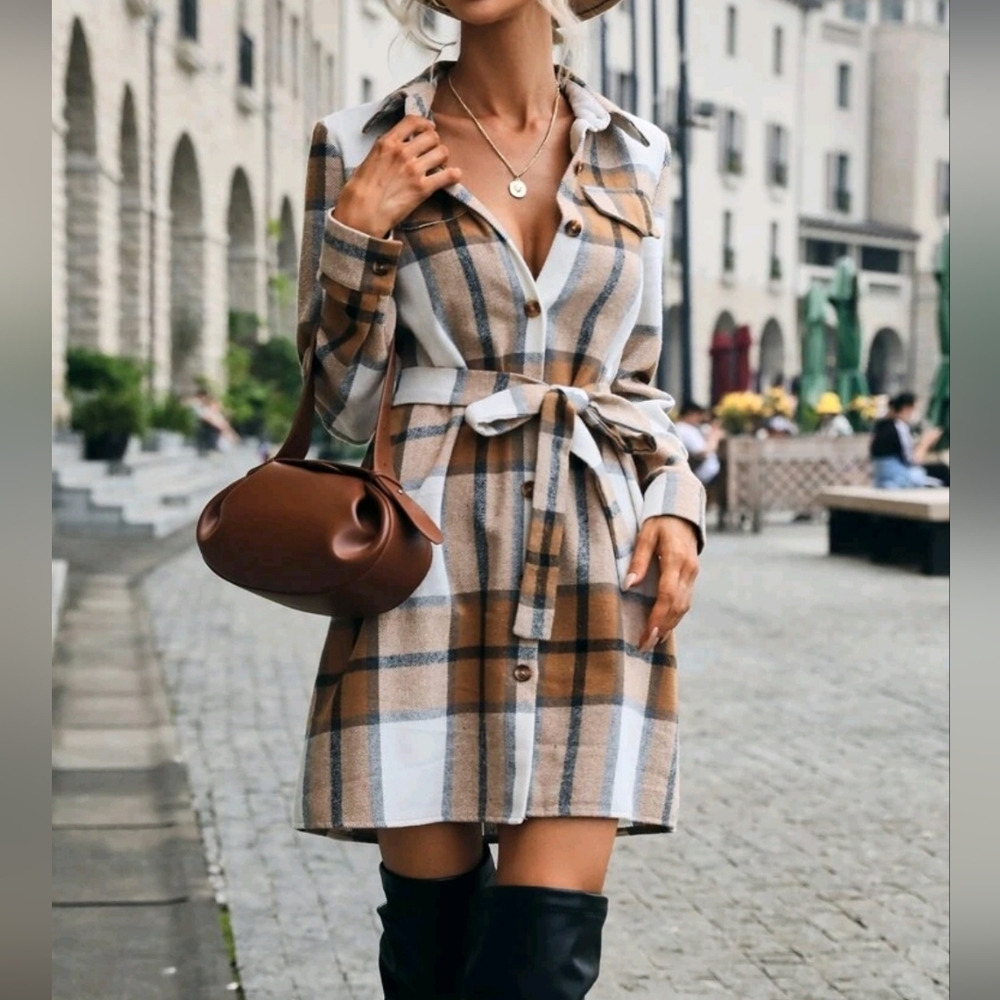 NEW Boho Flannel Plaid Shirt Dress Tan White Black Button Up
